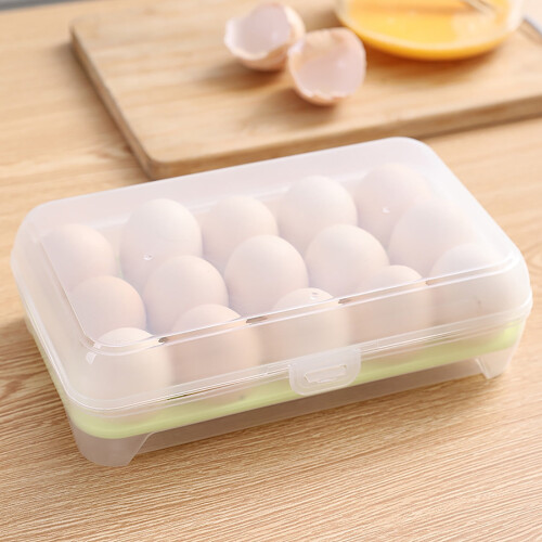 Green 15-Compartment Egg Box for Fridge – Large-Capacity Clear Plastic Egg Storage Container, Compatible with Standard Refrigerators