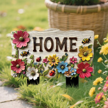 Flowers Garden Sign with Stake - 2D Flat Wooden Floral Ladybug Stake - Personalized Sign Stakes for Pots Flower Bed Yard Lawn