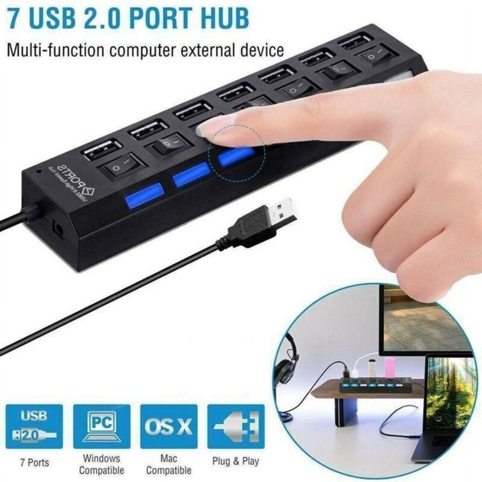 Multi Port Usb Splitter, 7 Port Usb 2.0 Or 3.0 Hub, High-Speed Usb Multiport Adapter For Multiple Devices 9170372338580