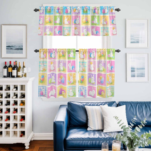 Easter Rabbit Kitchen Curtains Set Purple Yellow Egg Plaid 1