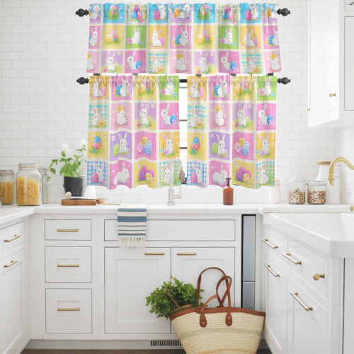 Easter Rabbit Kitchen Curtains Set Purple Yellow Egg Plaid 2