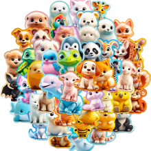 50-Pack 3D Animal Stickers - Cute Cartoon Animal Stickers for Kids, Creative 3D Animal Faces for DIY, Notebooks, Luggage