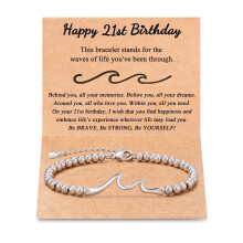 Bracelet Wave Silver Bead Adjustable Birthday Gift/21th card + silver bead wave birthday bracelet
