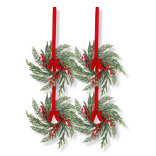 4 petites couronnes de Noël pour placards de cuisine, portes, fenêtres et tables — Décoration en aiguilles de pin, baies rouges et ruban —