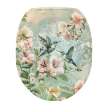 Abattant de toilette à motif colibri et fleur, base élastique, forme allongée et universelle, décoration de salle de bain facile à nettoyer –