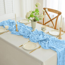 Sky Blue Cheesecloth Table Runner 35.5x157.5 in, Rustic Semi-Sheer Boho Gauze for Wedding, Party, Bridal Shower – Compatible with Standard Tables