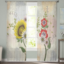 Sheer Curtains Vintage Sunflower Floral Voile 52"W x 72"L 2