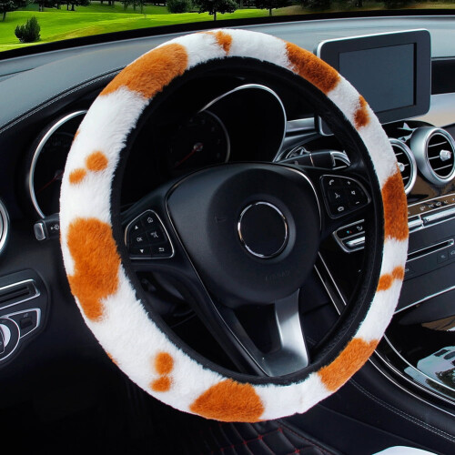 Plush Steering Wheel Cover Brown White Universal