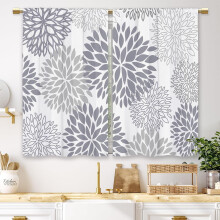 Rideaux de cuisine gris à motifs floraux style ferme, rideaux courts mandala bohème dahlia, 2 panneaux (70 x 99 cm), passe-tringle