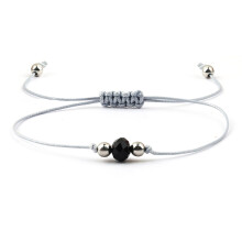 Bracelet Obsidian Rose Quartz Braided Adjustable Set/Cutaway Obsidian Silver Beads