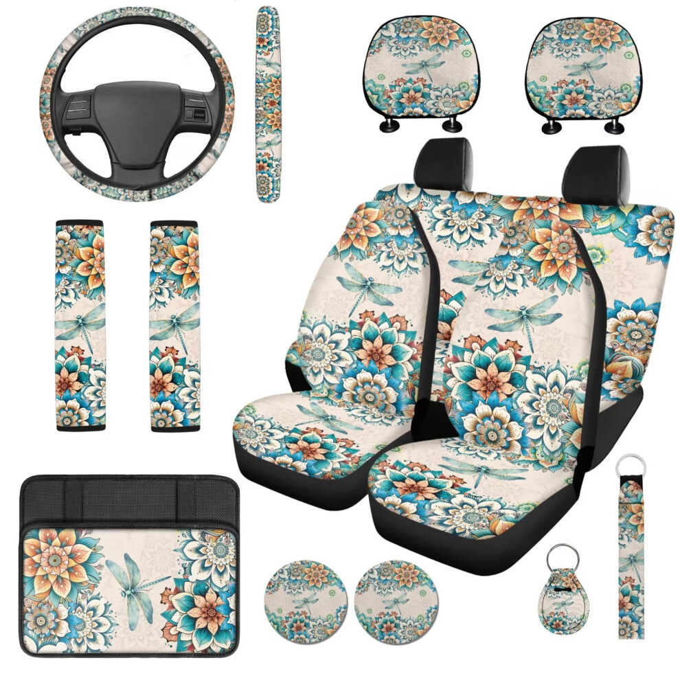 Vintage Dragonfly Floral 14-Piece Car Seat Cover Set W/ Steering Wheel, Headrest, Console, Seat Belt Pad & Keychain Â Compatible With Most Cars & 9399596259376
