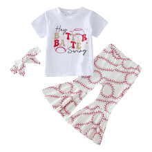 Conjunto de verão para bebê menina, 2 peças, com blusa e calça estampadas com tema de beisebol + faixa de cabelo, compatível com crianças de 2