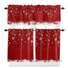 Christmas Red Kitchen Curtains & Valances Set, 3-Pc Winter Theme with Snowflakes/Stars, Rod Pocket, 27.5x24in