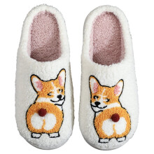 Cartoon Dog Slippers for Women Men, Retro Fluffy Plush Corgi House Shoes for Indoor Outdoor Winter Home Gifts (White 38-39)