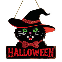 Macska témájú fa halloweeni ajtótábla – beltéri/kültéri bejárati ajtóra való akasztó, veranda- és teraszdekoráció, gótikus őszi