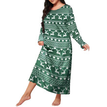 Damnattlinne i jul, plus size grönt pyjamas, rund halsringad långärmad nattlinne – kompatibelt med julpyjamas