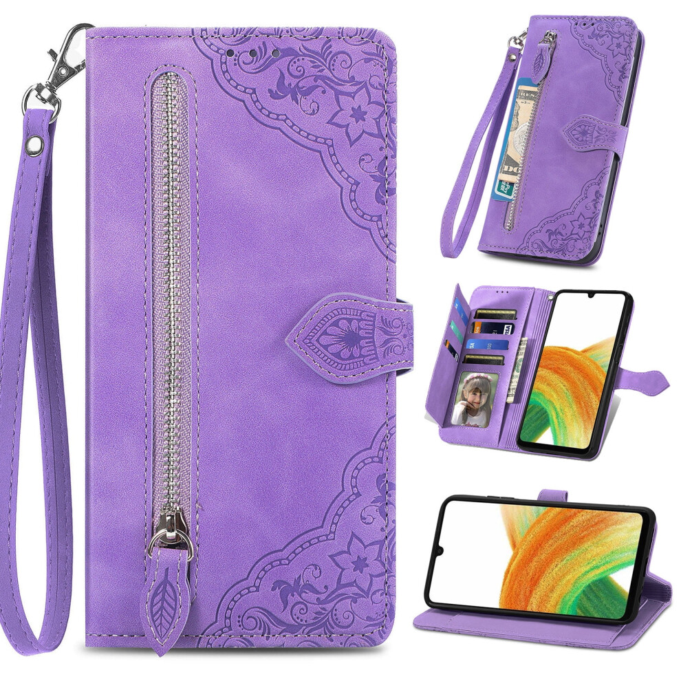 Pu Leather Wallet Case For Galaxy A25 5G Â Flower Embossed, Card Slots, Stand & Wrist Strap, Compatible With Samsung A25 5G Purple 9399596260747
