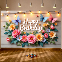 Pancarta de cumpleaños con diseño floral, elegante decoración de mariposas para fiestas de cumpleaños, eventos y decoración de interiores.
