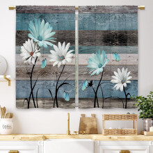 Rideaux de cuisine à motifs marguerites bleues, style rustique, rideaux courts à fleurs (70 x 99 cm), 2 panneaux, compatibles avec une décoration