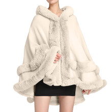 Sjaal/omslagdoek van imitatiebont voor dames – Poncho met capuchon, mouwloze cardigan/mantel, beige, één maat, geschikt voor koud weer