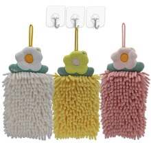 Lot de 2 serviettes pour les mains en chenille, microfibre super absorbante à séchage rapide avec boucles de suspension, motif pompon (gris + blanc)