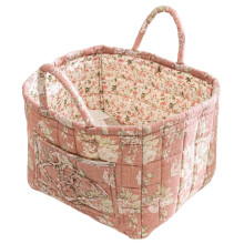 Boho wasmand van bloemenstof, 32,5 x 26,5 x 27,5 cm, opvouwbare vintage opbergtas met handvat en voorvak.