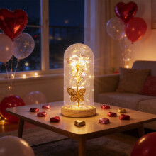 Regalo de rosa navideña para mujeres: flor de cristal eterna en cúpula de cristal con mariposa, iluminada, roja: regalo de cumpleaños/Navidad para