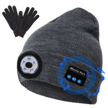 Căciulă beanie cu LED Bluetooth și mănuși, șapcă cu lanternă frontală cu 5 LED-uri reîncărcabilă prin USB, difuzoare stereo și microfon