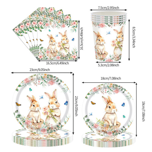 Conjunto de louça de Páscoa com coelhos, incluindo pratos e xícaras. 2