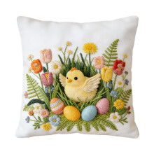 Taie d'oreiller brodée « Poussins de printemps et fleurs » – 45 cm (17,7 po) avec œufs de Pâques et tulipes, décoration intérieure douce,