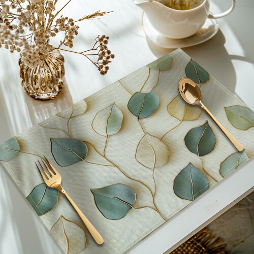 Set of 4 Woven Polyester Placemats, Leaf Print, Machine Washable, Rectangular Table Mats for Dining Decoration 1
