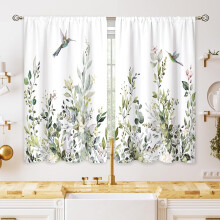 Rideaux botaniques vert menthe et sauge Ă motif d'eucalyptus, feuilles et colibris, 70 x 99 cm, compatibles avec une tringle standard.