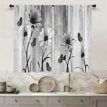 Black & Grey Floral Daisy Kitchen Curtains, 27.5"x39", 2-Panel Rod Pocket, Rustic Vintage Cafe Tier for Country Bathroom Home Decor