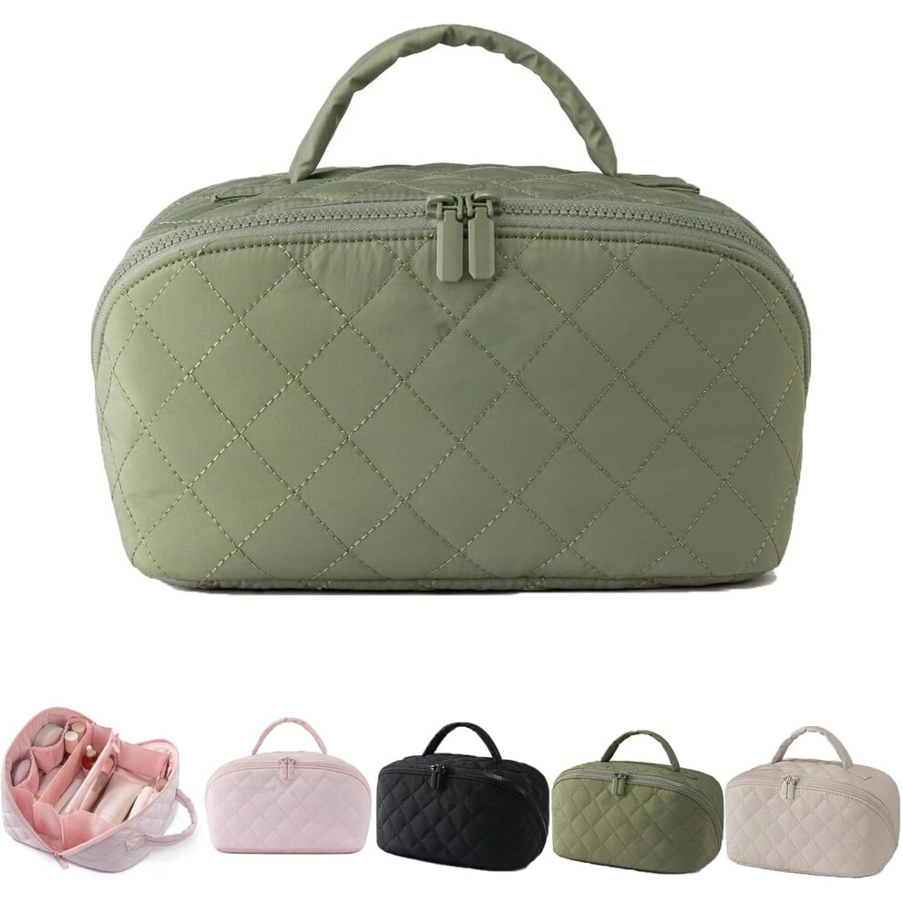 Travel Makeup Bag for Women with 180 Opening, Waterproof Flat-Lay Organizer with Multiple Compartments for Toiletries and Brushes