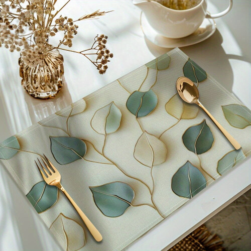 Set of 4 Woven Polyester Placemats, Leaf Print, Machine Washable, Rectangular Table Mats for Dining Decoration 2