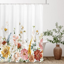 Rideau de douche à motif floral esthétique, fleurs rouges aquarelle sur fond blanc, feuilles vert sauge, décor tropical, 180 x 180 cm, polyester