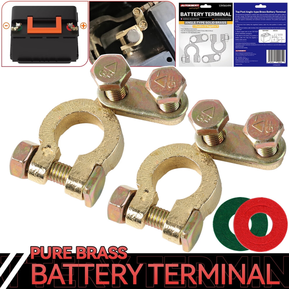 2X Pure Brass Car Battery Terminals Connectors Clamps Top Post Protector W/ Washers 9065194441573
