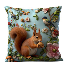 Taie d'oreiller brodée Écureuil et Oiseau printanier - 45 cm, housse de coussin décorative avec motif de couronne florale, douce et élégante