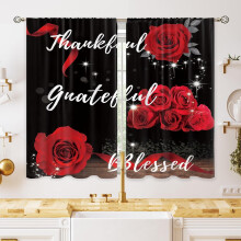 Red Rose Floral Kitchen Curtains, 27.5x39", Black & Red, Valentine/Cafe Style, for Bathroom, Dining, Laundry – Tier Window Treatment