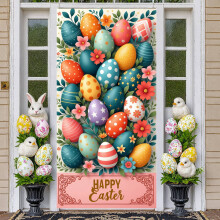 Osterbanner mit Hasenmotiv, bunten Eiern, Blumenkreuz und Frühlingsblumen – Fröhliche Osterfeier-Hintergrunddekoration für Kirche und