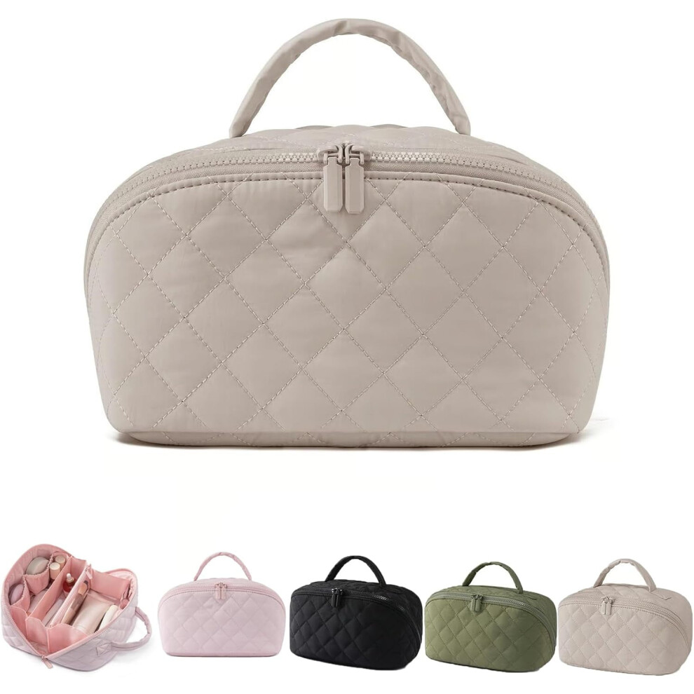 Travel Makeup Bag for Women with 180 Opening, Waterproof Flat-Lay Organizer with Multiple Compartments for Toiletries and Brushes