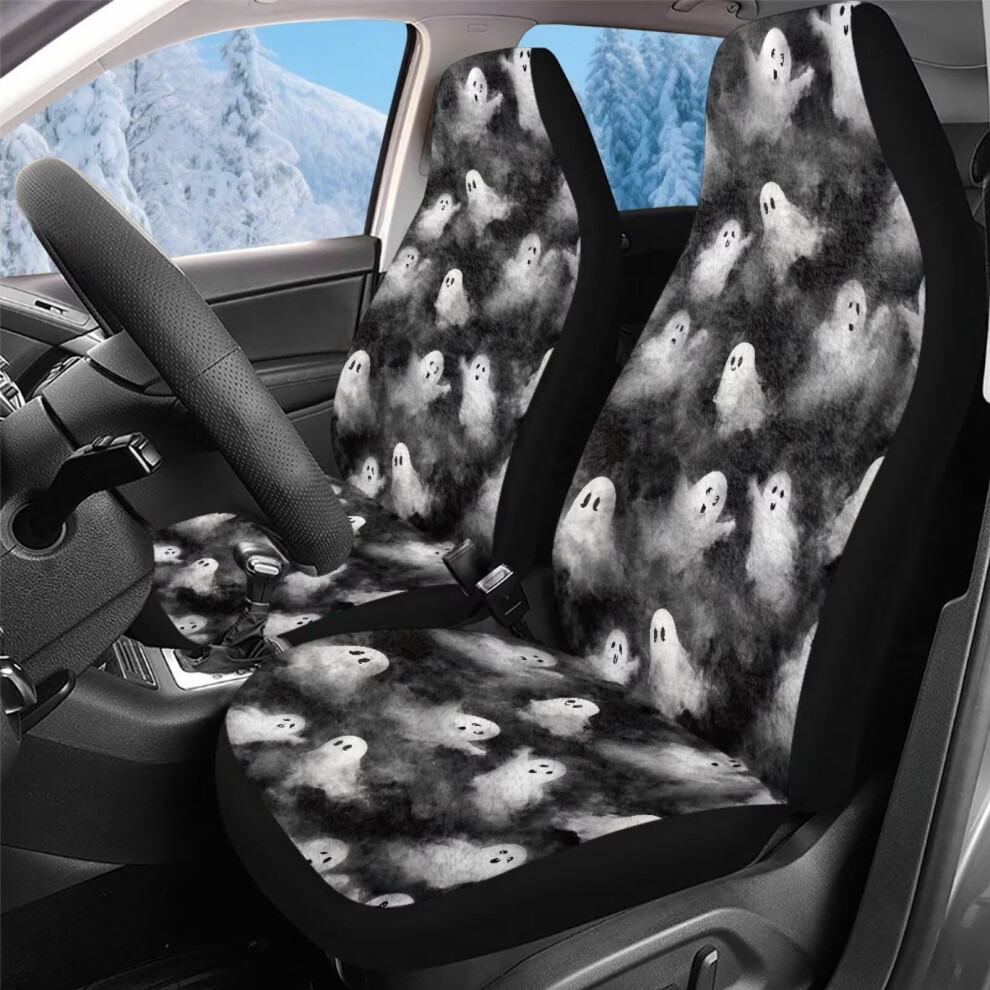 2-Piece Soft Plush Spooky Print Car Seat Covers For Front Seats Only, Universal Fit For Cars, Trucks & Suvs Coral 9399596262215