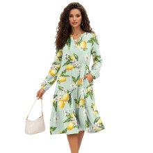 Abito midi da donna con stampa limoni, tasche e maniche lunghe