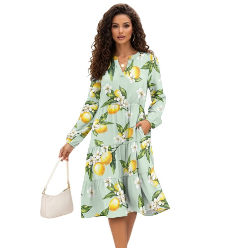 Abito midi da donna con stampa limoni, tasche e maniche lunghe