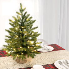 1.48ft Pre-Lit Mini Christmas Tree with Warm LED Lights & Burlap Base – Green, Compatible with Home/Office/Party Decor