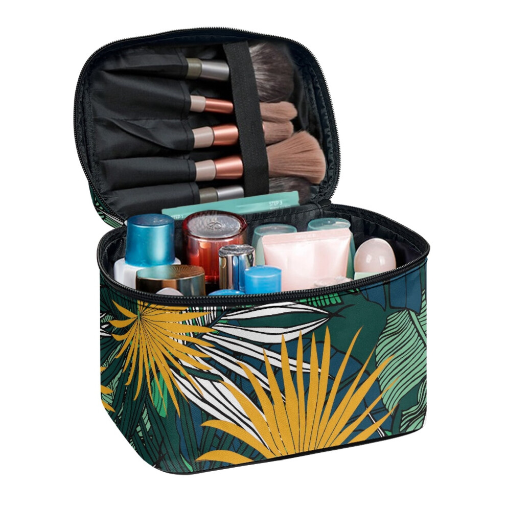 Tropical Leaves Pattern Portable Travel Cosmetic Bags with Brush Slots Polyester Wide Open Portable Pouch Lightweight
