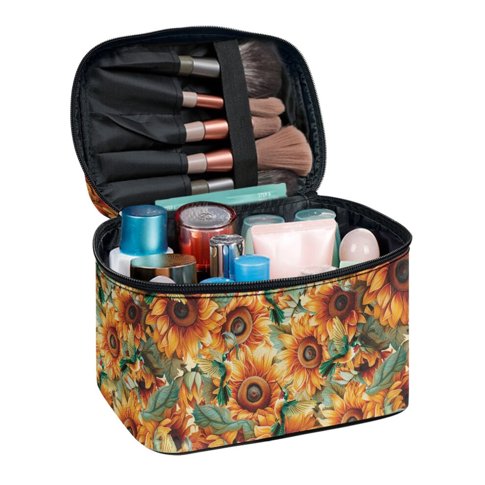 Sunflower Hummingbird Polyester Cosmetic Organizer Bags Large Capacity Cosmetic Bags Brush Slots