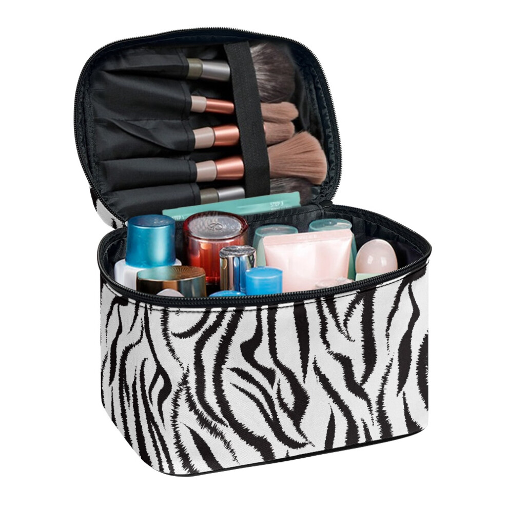 Zebra Stripes Makeup Skincare Organizer with Brush Slots Polyester Portable Hanging Organizer With Brush Storage