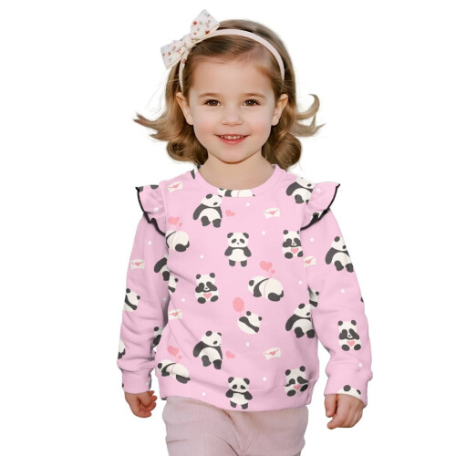 Girls Panda Sweatshirt Pink Ruffle Long Sleeve Oversized