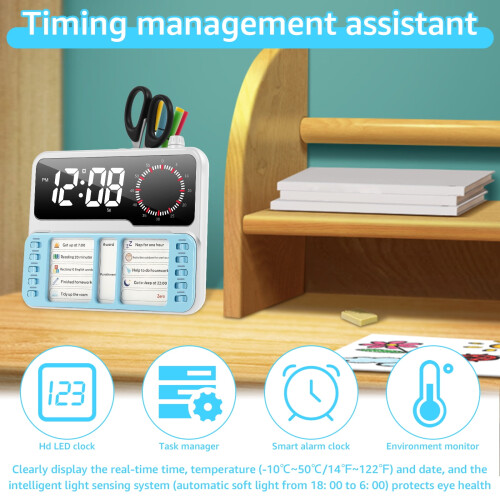 Visual Timer for Kid Temperature Date Display Silent Countdown Clock with Pen Slot Task Card for Student Educator ADHD 2